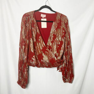 NEW with tags Ciebon Red Metallic Gold Long Sleeve Wrap Blouse Size Large